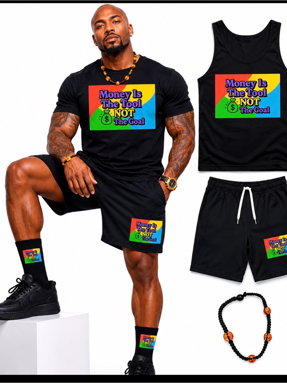 Y2K Black Men's “Money is the Tool; Not the Goal” Drawstring Shorts - Size 2XL